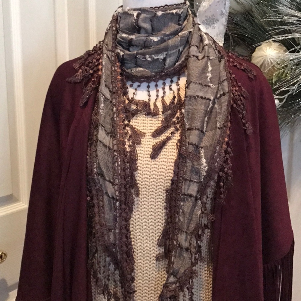 Coffee color lightweight scarf w crocheted fringe